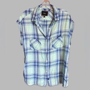 RAILS Britt Rolled Cap Sleeve Plaid Flannel Short Sleeve Button Top Large